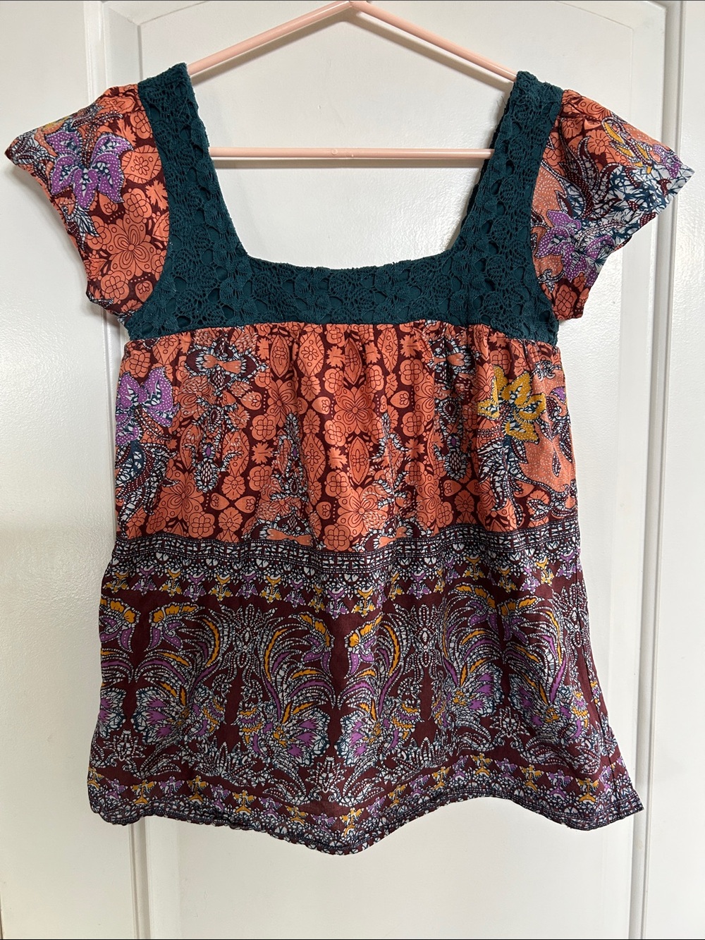 Rampage Teal Crochet Yoke Floral Patchwork Tunic - Rust, Teal, Purple